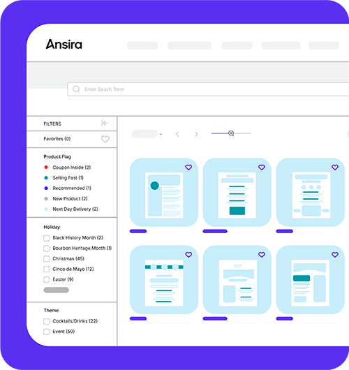 Screenshot of Ansira Create, a marketing compliance platform. Depicts a gallery of customizable assets to choose from.