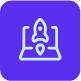 Purple icon of a rocket ship in front of a laptop