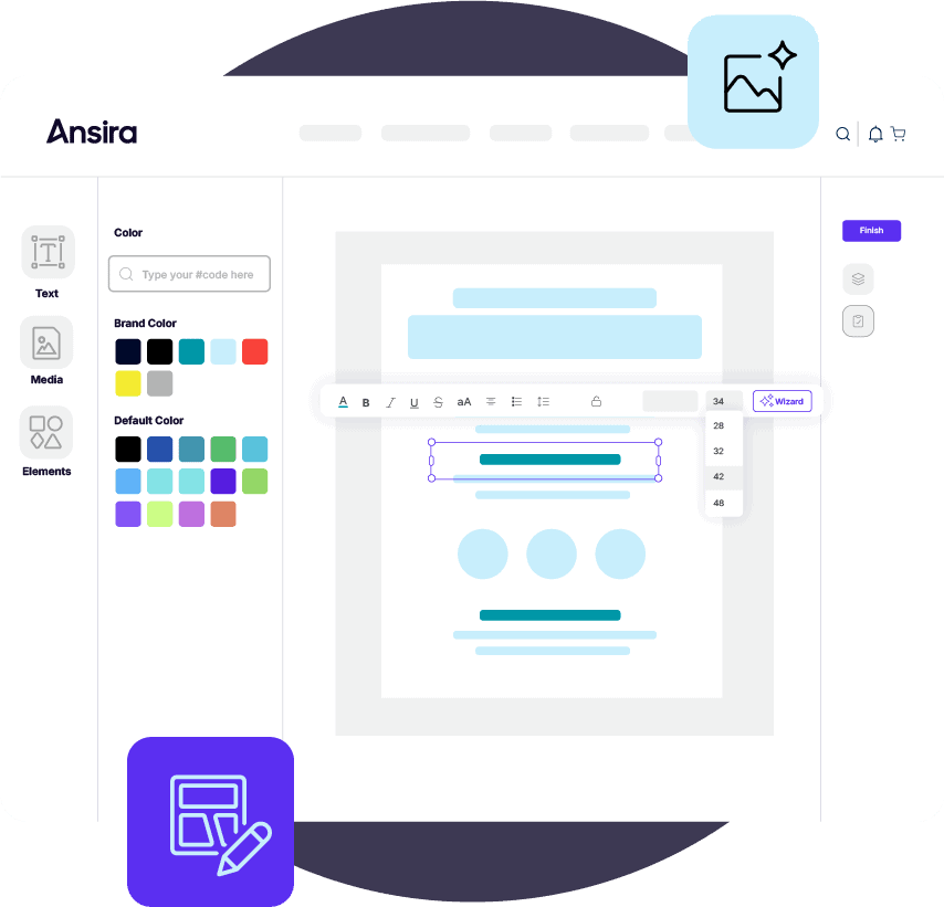 Screenshot of Ansira Create, a marketing compliance platform that allows partners to customize their own branded assets. Image shows a design studio with colors to use from on the left and text and graphic placement on the right.