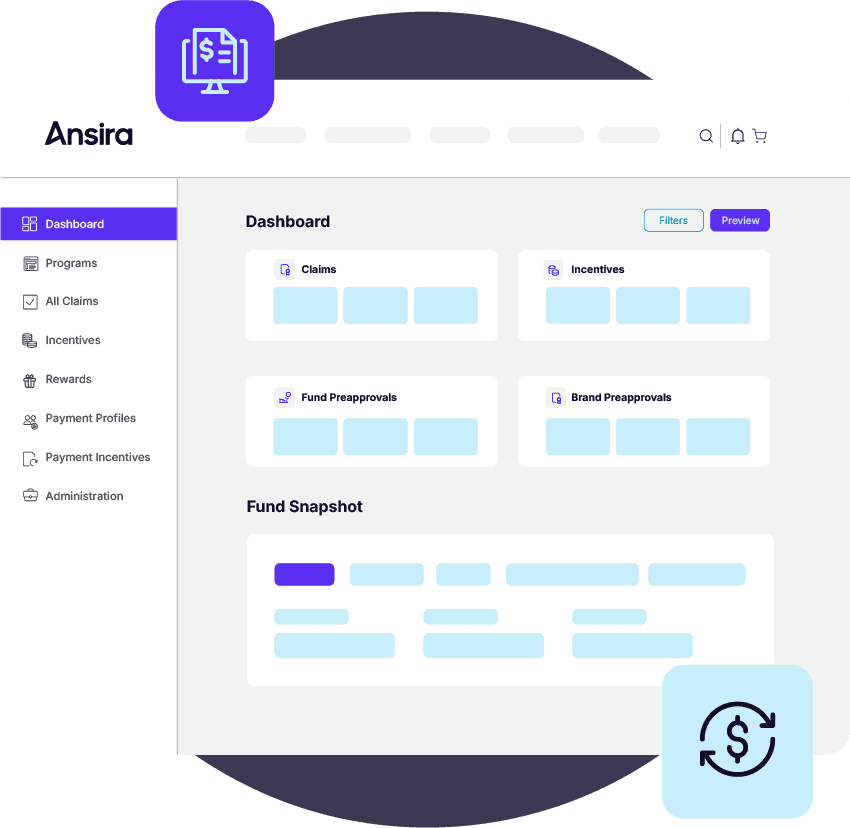 Screenshot of the Ansira Incent platform, a tool for marketing fund management. Highlights a dashboard with claims, incentives, fund pre-approvals and brand pre-approvals.