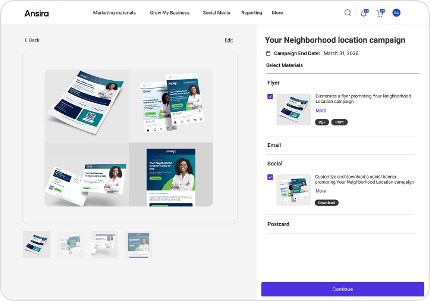 Order landing page showing multiple tactics; flyer, email, social post, postcard for the Your Neighborhood campaign 