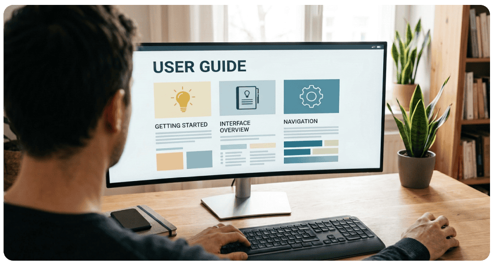 Man viewing a user guide on a screen