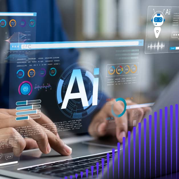 Hands typing on keyboard with AI dashboard floating above