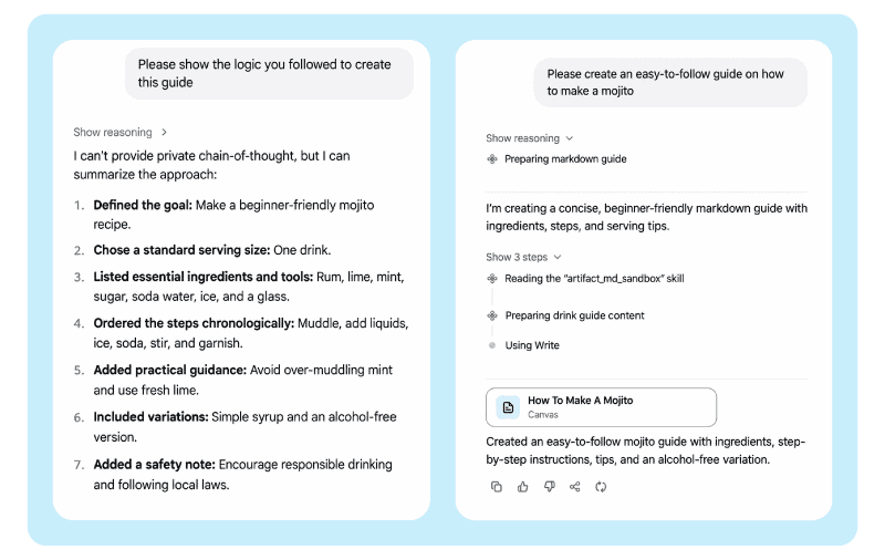 Generative AI response showing instructions on how to make a mojito with explained reasoning